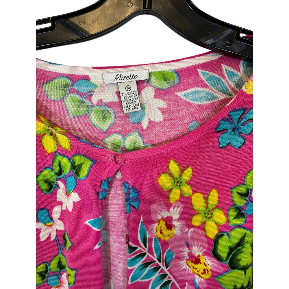 Vintage Mirette Pink Tropical Floral Cardigan Lightweight Sweater Resort Bold - Picture 3 of 5